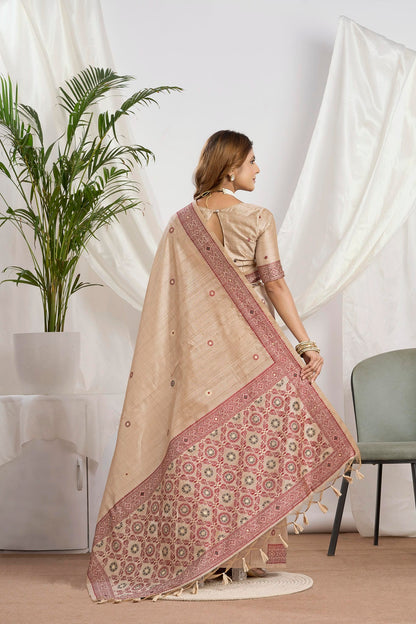 Dhakai Tassar Silk  Saree in Beige with Woven Mirror Work