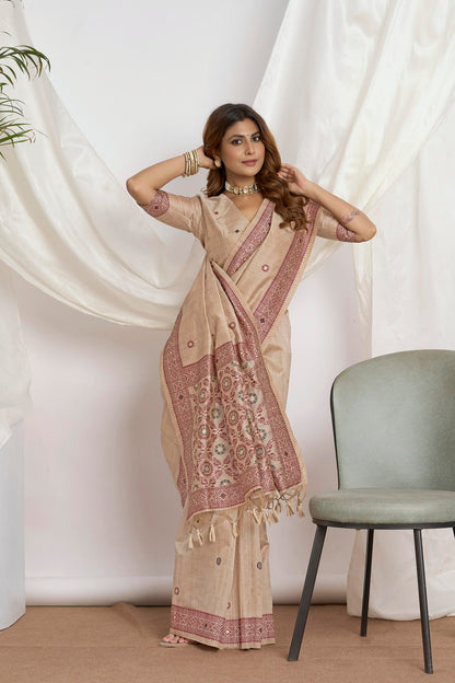 Dhakai Tassar Silk  Saree in Beige with Woven Mirror Work
