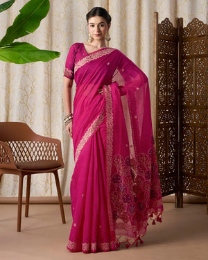 Pink Muga Cotton Jamdani Saree with Multicolour Flower Pallu