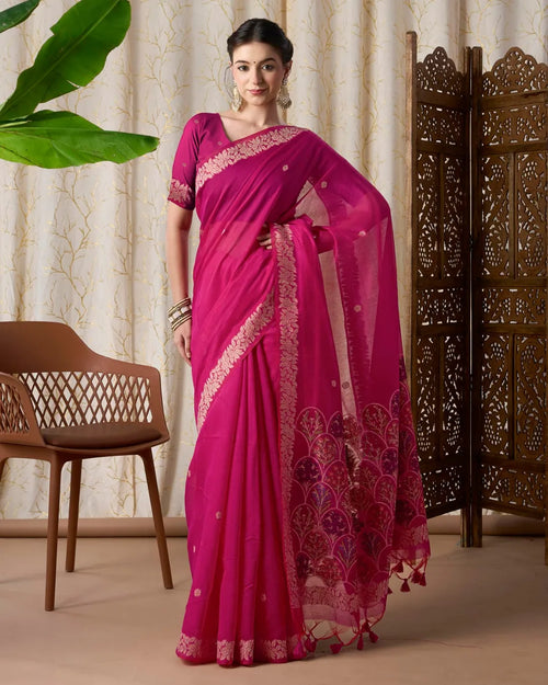 Pink Muga Cotton Jamdani Saree with Multicolour Flower Pallu