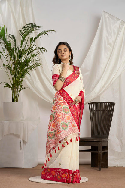 Off-White Jamdani Saree with Red Floral Border for Puja