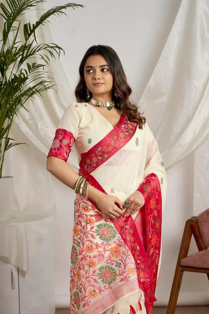 Off-White Jamdani Saree with Red Floral Border for Puja