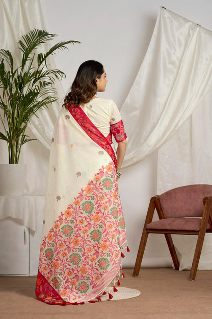 Off-White Jamdani Saree with Red Floral Border for Puja