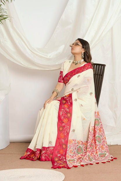 Off-White Jamdani Saree with Red Floral Border for Puja