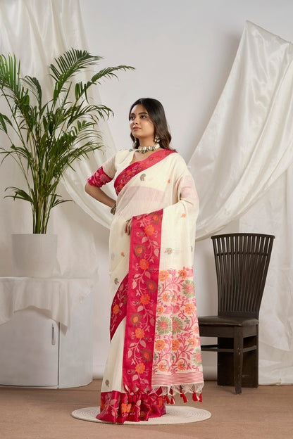 Off-White Jamdani Saree with Red Floral Border for Puja