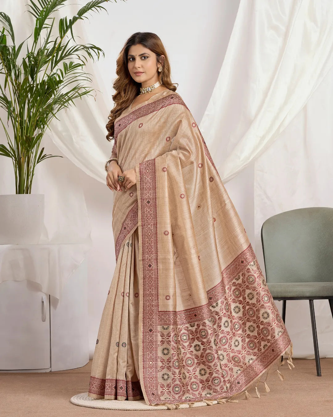 Chikoo Tassar Silk Saree with Resham Border and Jamdani Weave