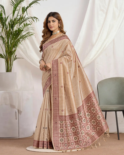 Chikoo Tassar Silk Saree with Resham Border and Jamdani Weave