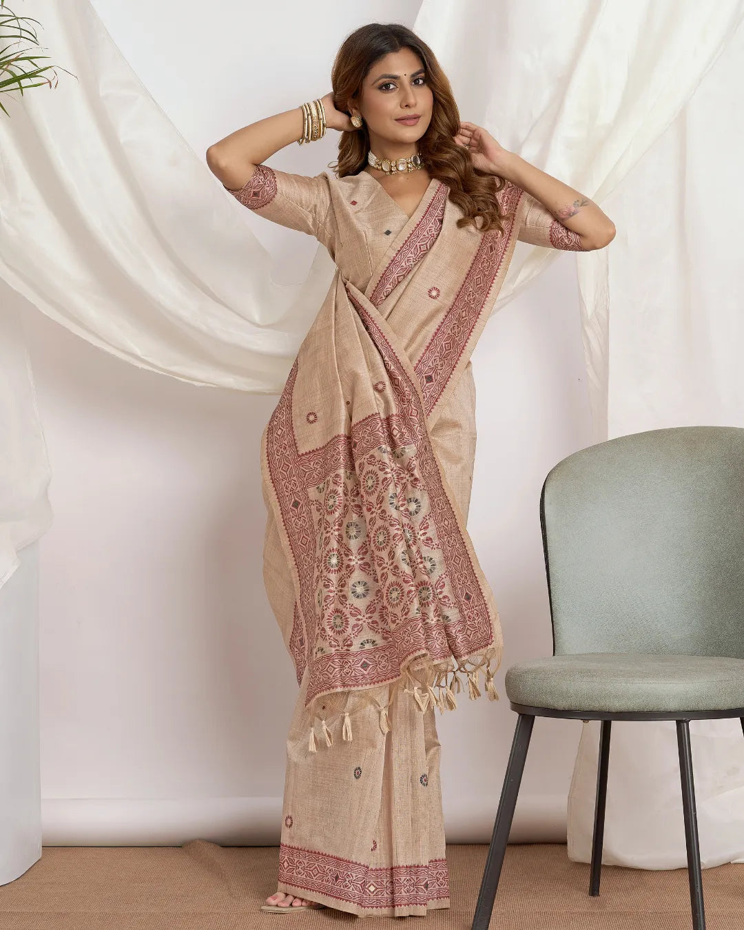 Chikoo Tassar Silk Saree with Resham Border and Jamdani Weave