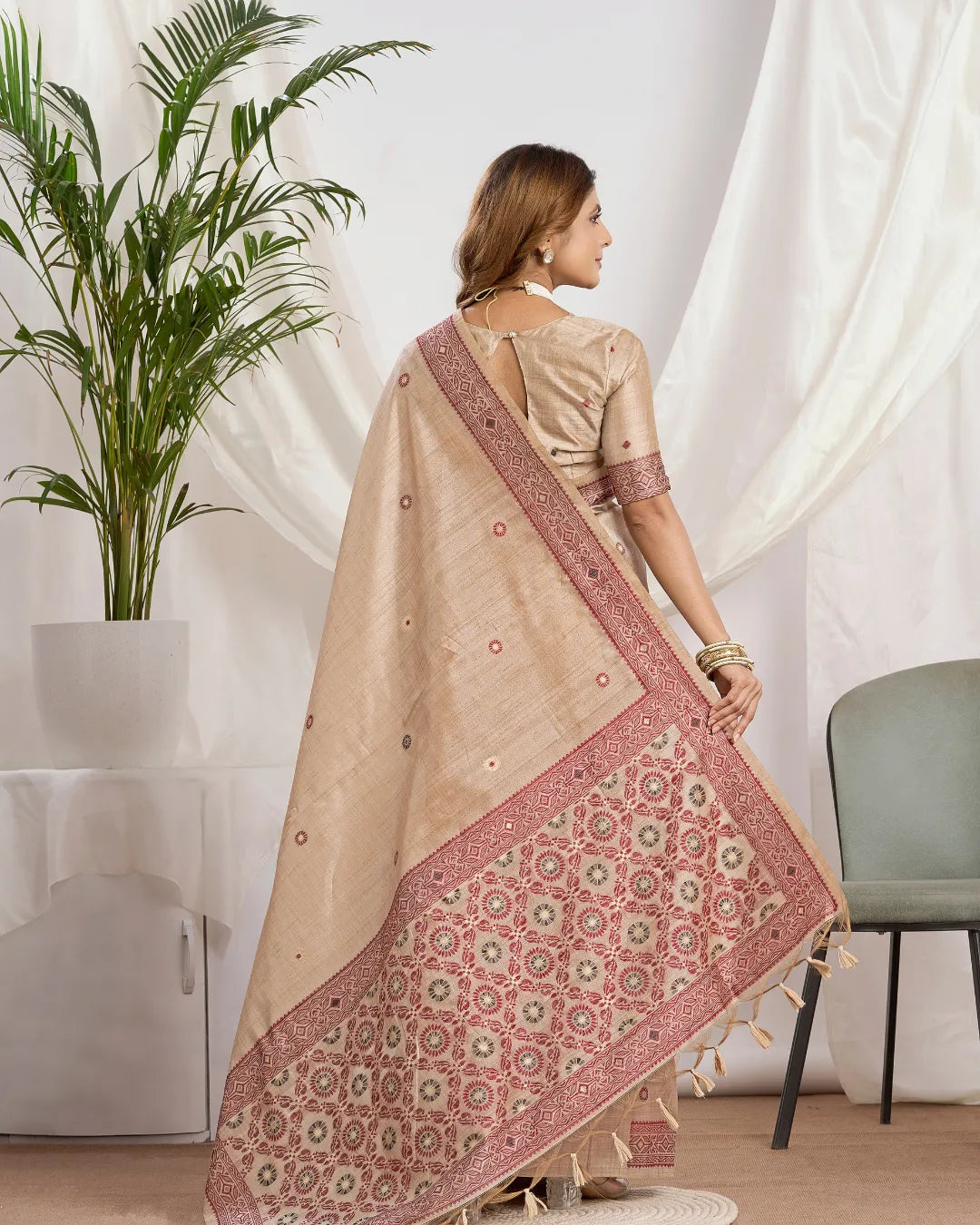 Chikoo Tassar Silk Saree with Resham Border and Jamdani Weave