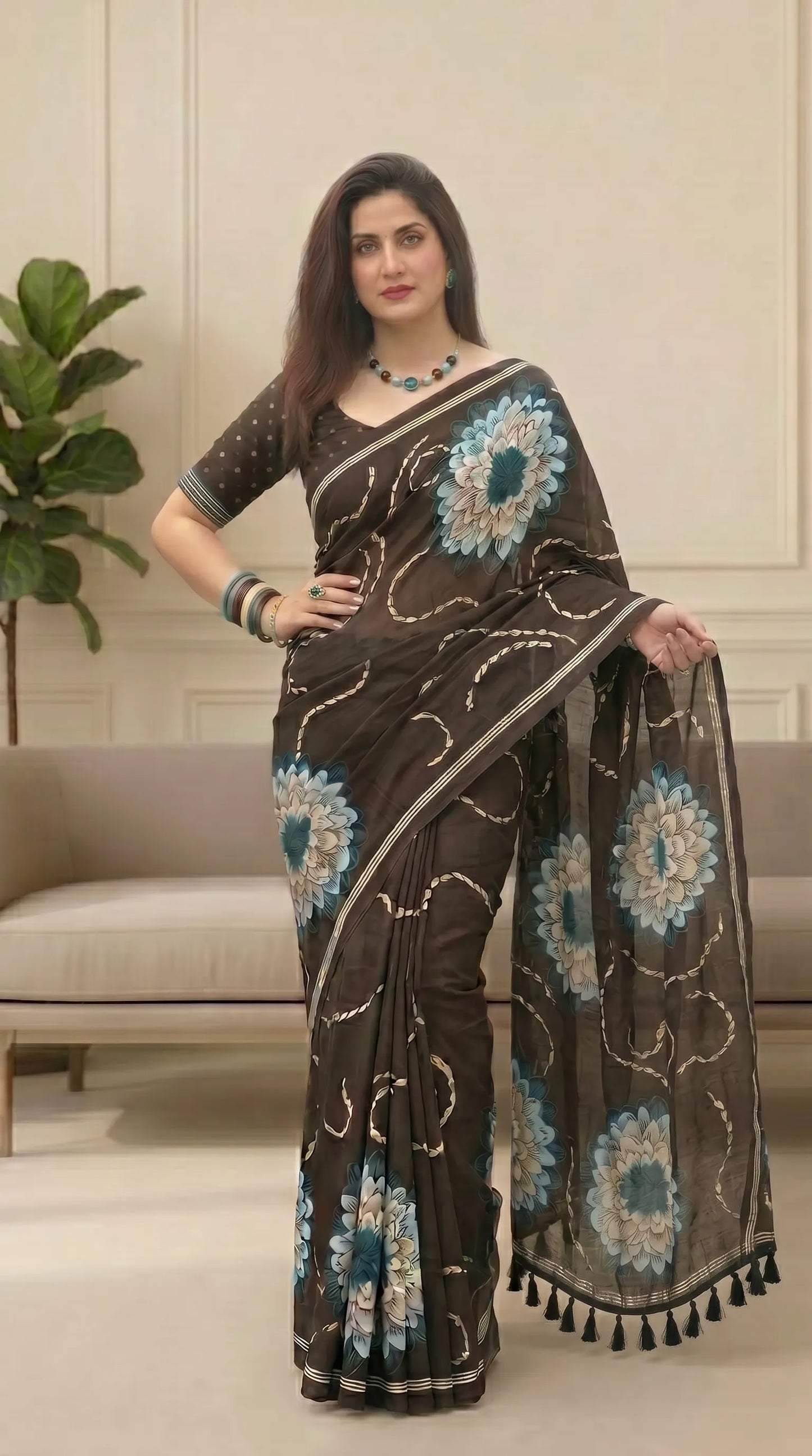 Black Floral Muga Cotton Saree with Fancy Zari Border