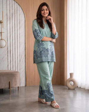 Sky Blue Botanical Floral Muga Cotton Co-ord Set with Striped Border Details