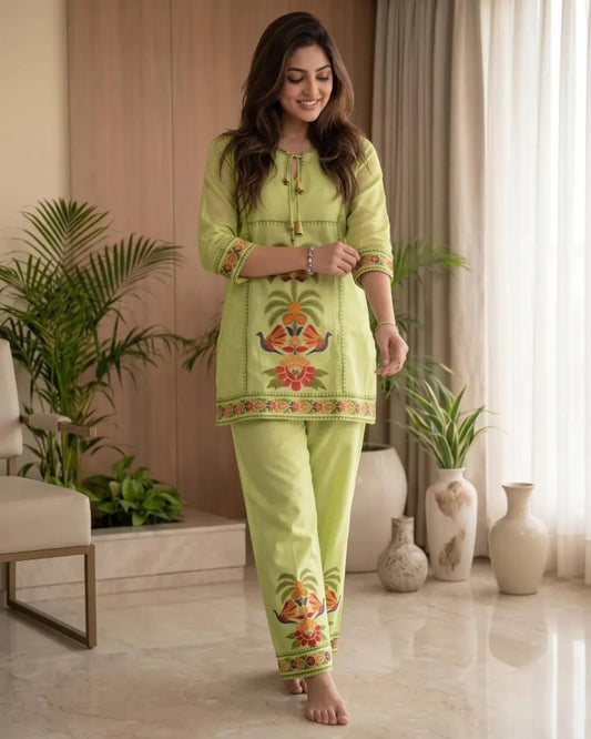 Pista Floral Muga Cotton Co-ord Set with Delicate Borders