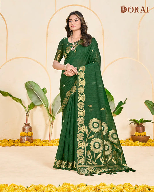 Emerald Weave – B.Green Jute Linen Saree with Floral Artistry