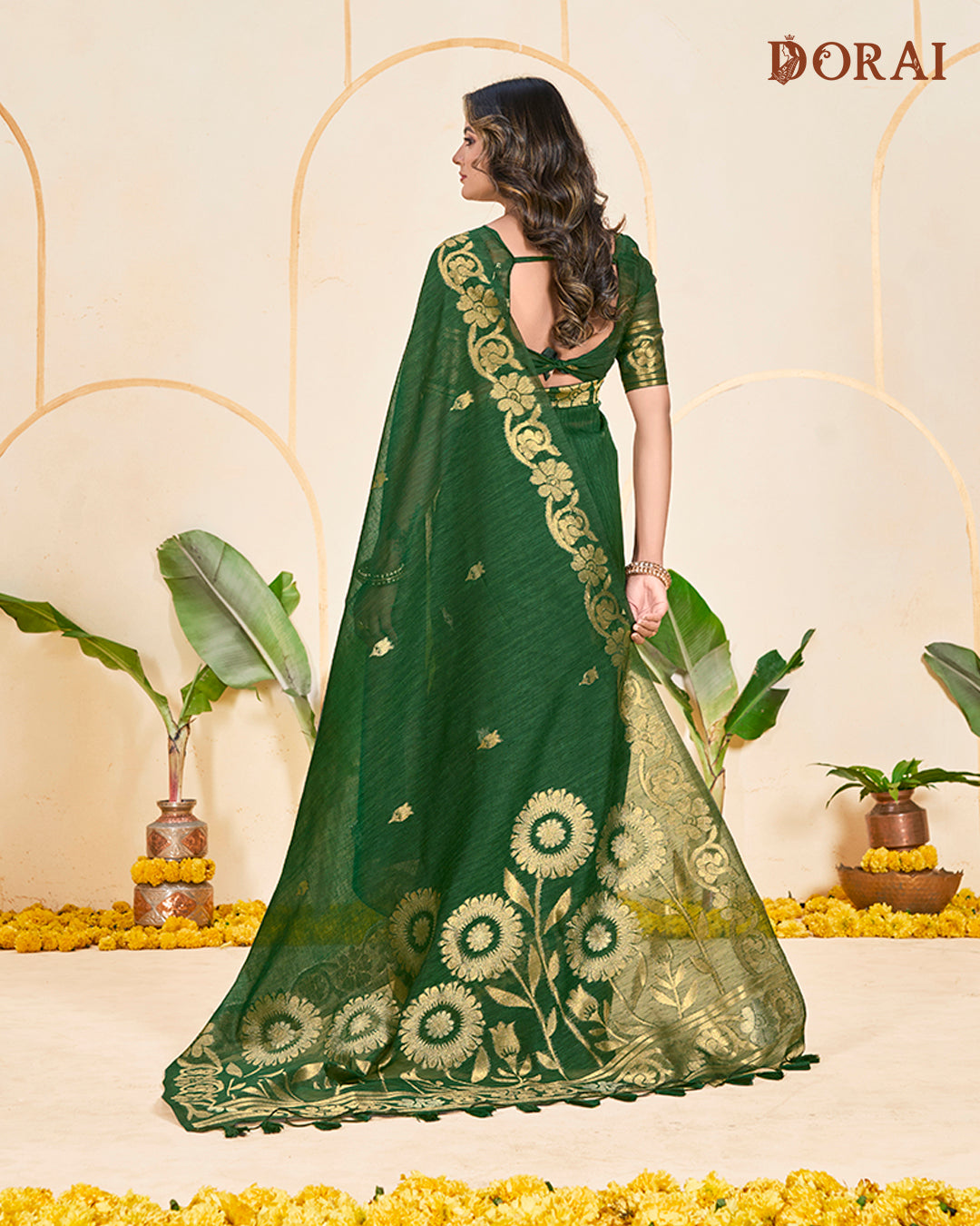 Deep Forest Green Zari Jute Linen Cotton Saree | Bengal Woven Motifs