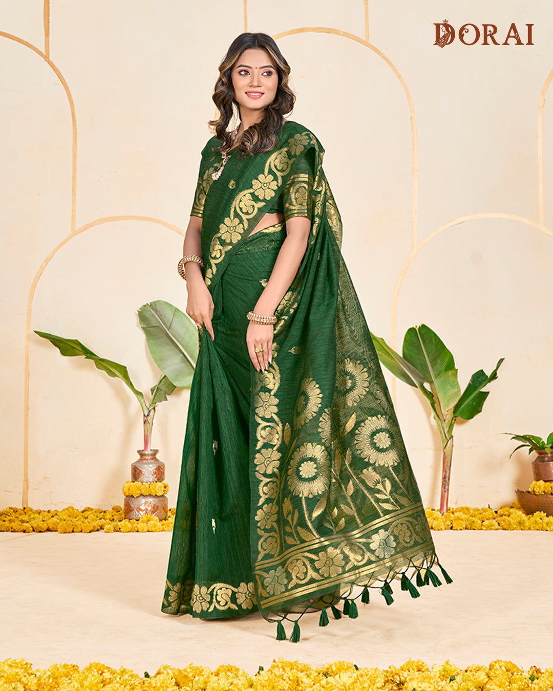 Deep Forest Green Zari Jute Linen Cotton Saree | Bengal Woven Motifs