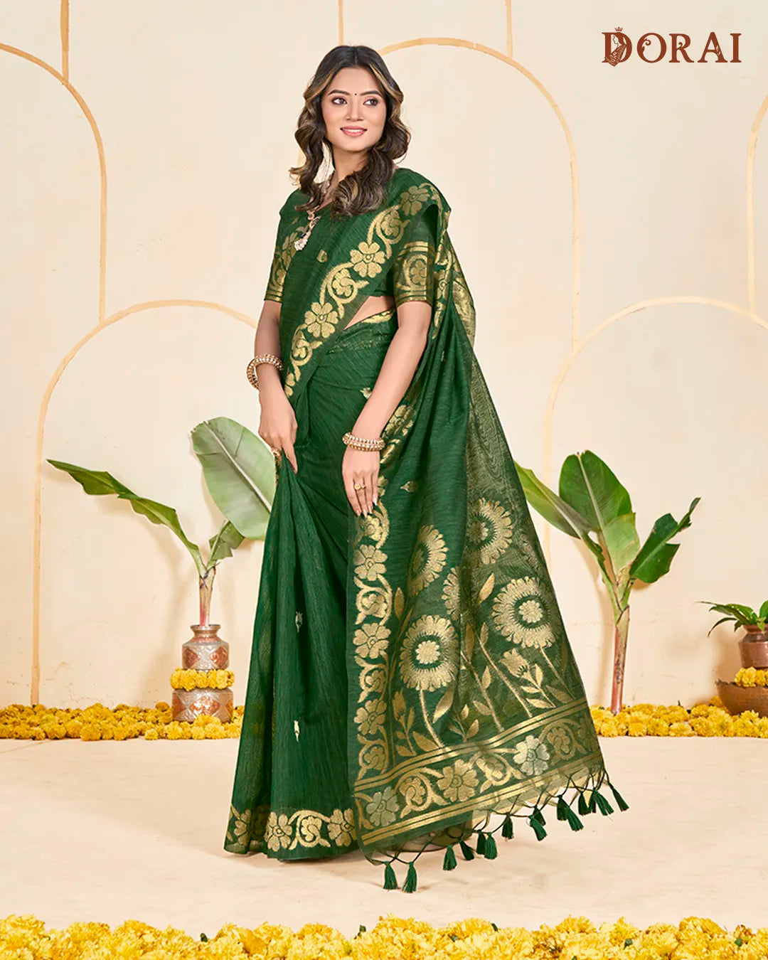 Emerald Weave – B.Green Jute Linen Saree with Floral Artistry