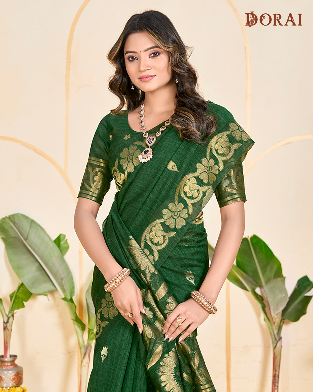 Deep Forest Green Zari Jute Linen Cotton Saree | Bengal Woven Motifs