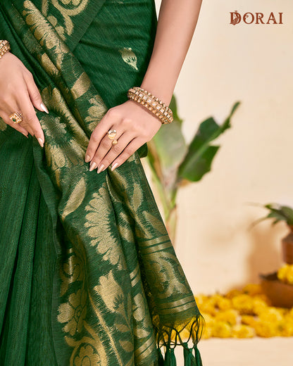 Deep Forest Green Zari Jute Linen Cotton Saree | Bengal Woven Motifs