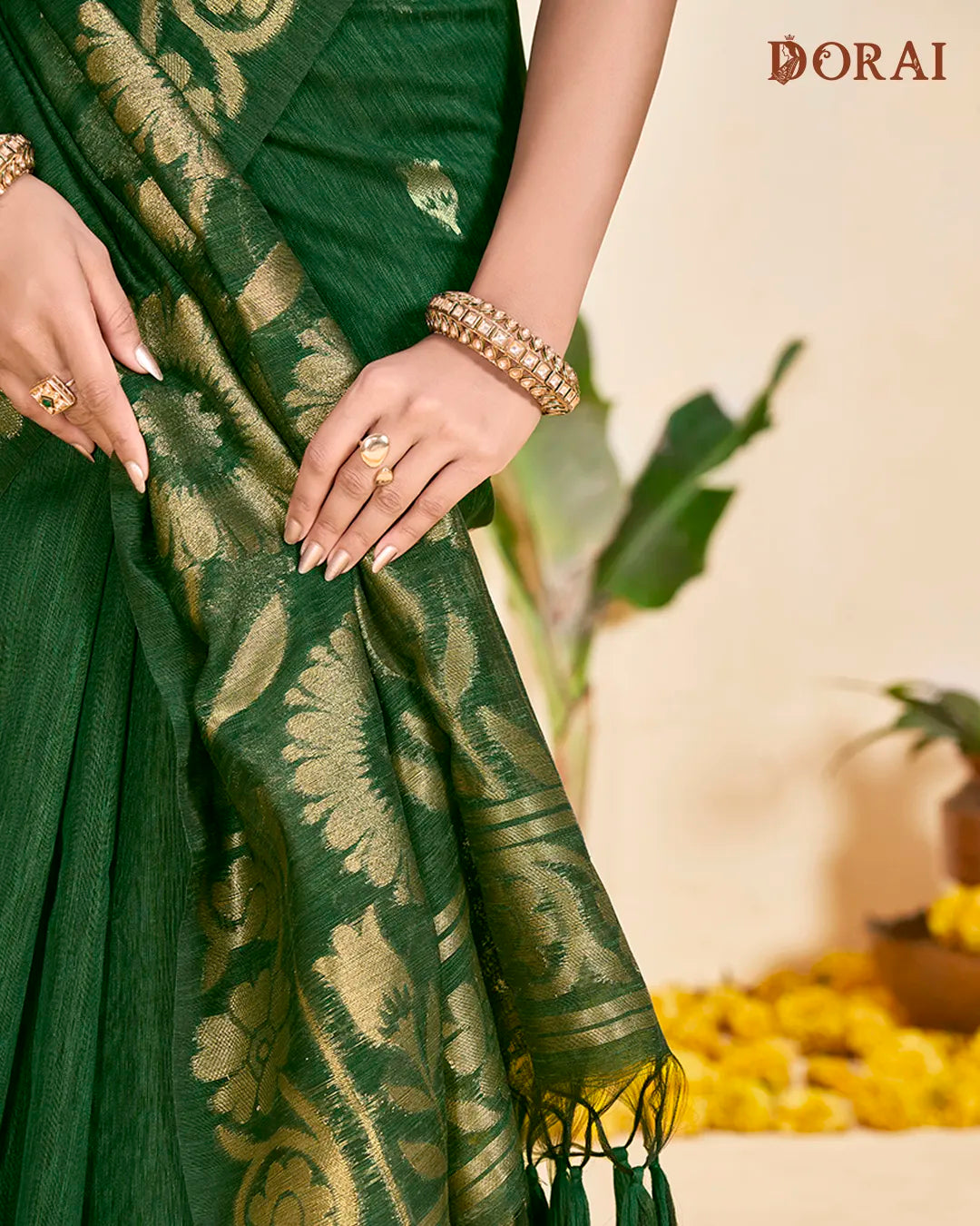 Emerald Weave – B.Green Jute Linen Saree with Floral Artistry