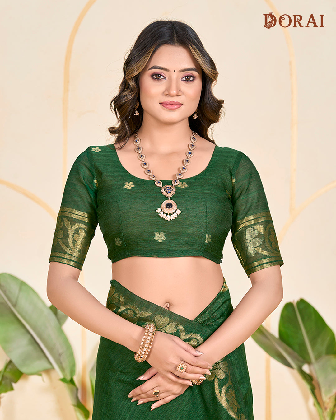 Deep Forest Green Zari Jute Linen Cotton Saree | Bengal Woven Motifs