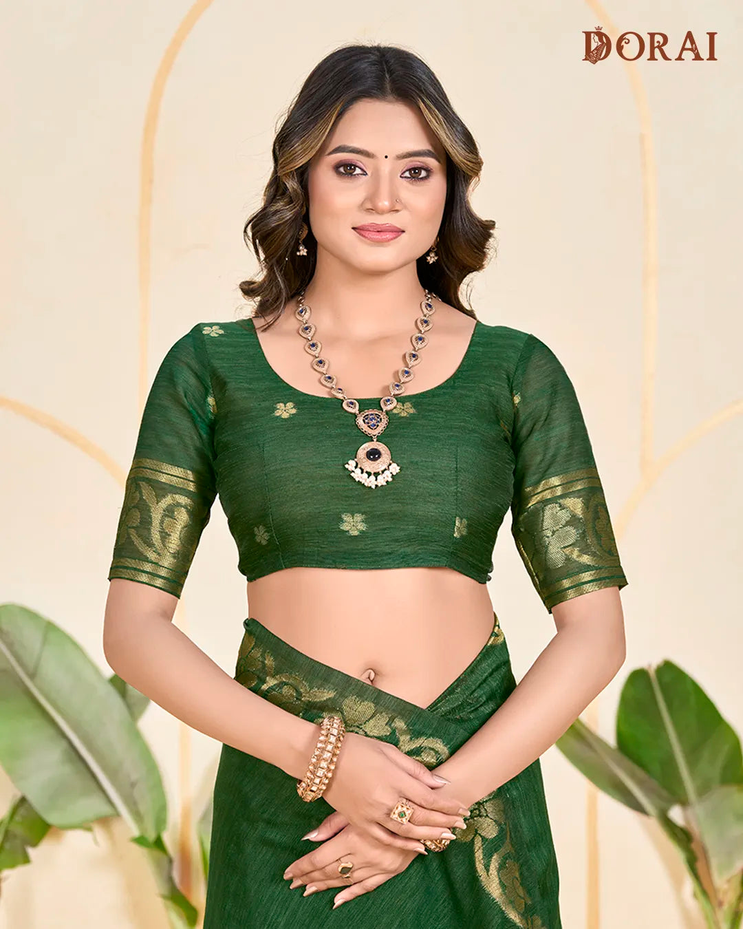 Emerald Weave – B.Green Jute Linen Saree with Floral Artistry