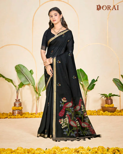 Midnight Weaver – Black Muga Cotton Saree with Avian Artistry