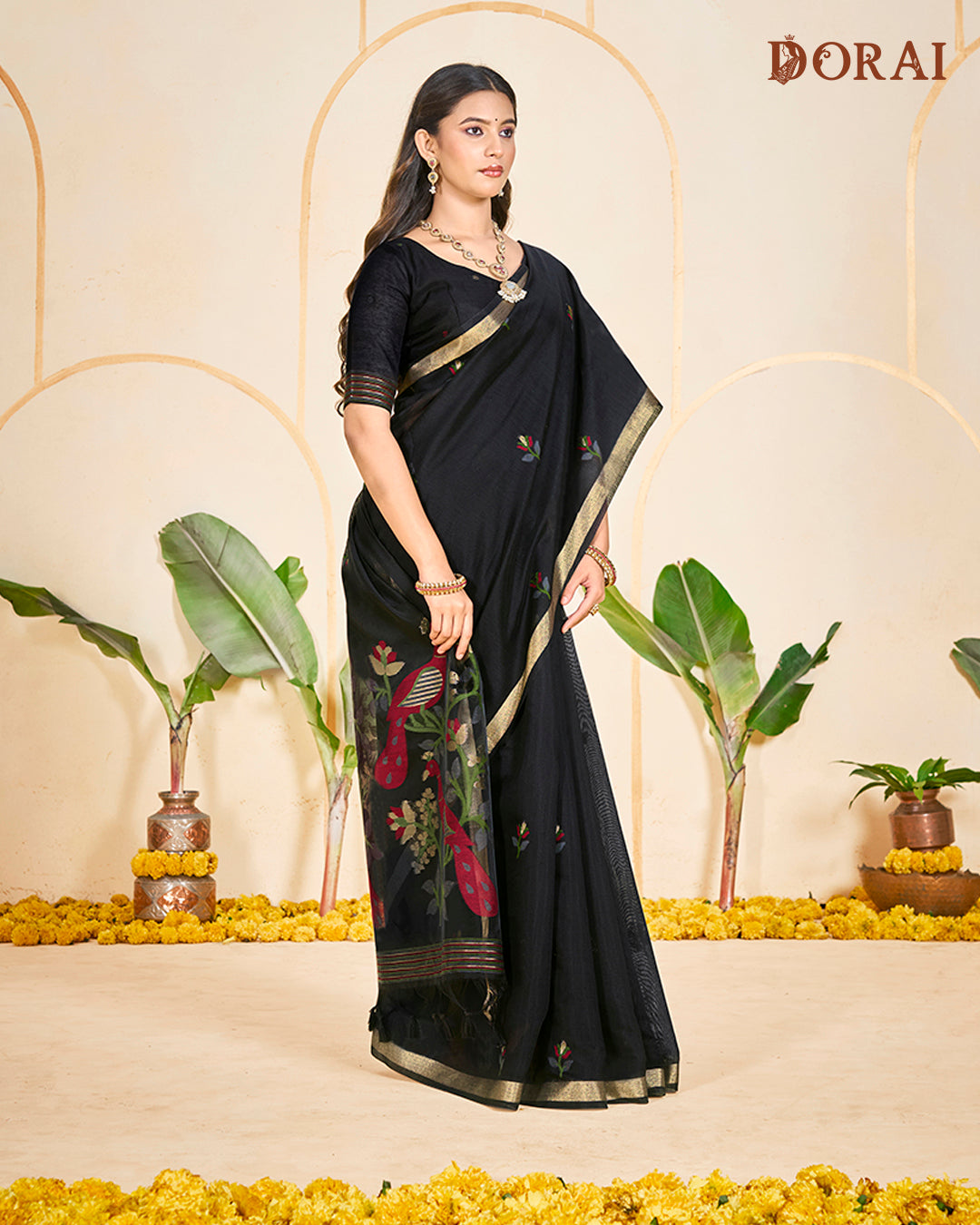 Charcoal Black Jamdani Muga Cotton Saree | Woven Bird Motifs and Oragana Pallu