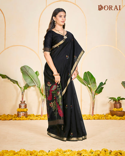 Charcoal Black Jamdani Muga Cotton Saree | Woven Bird Motifs and Oragana Pallu
