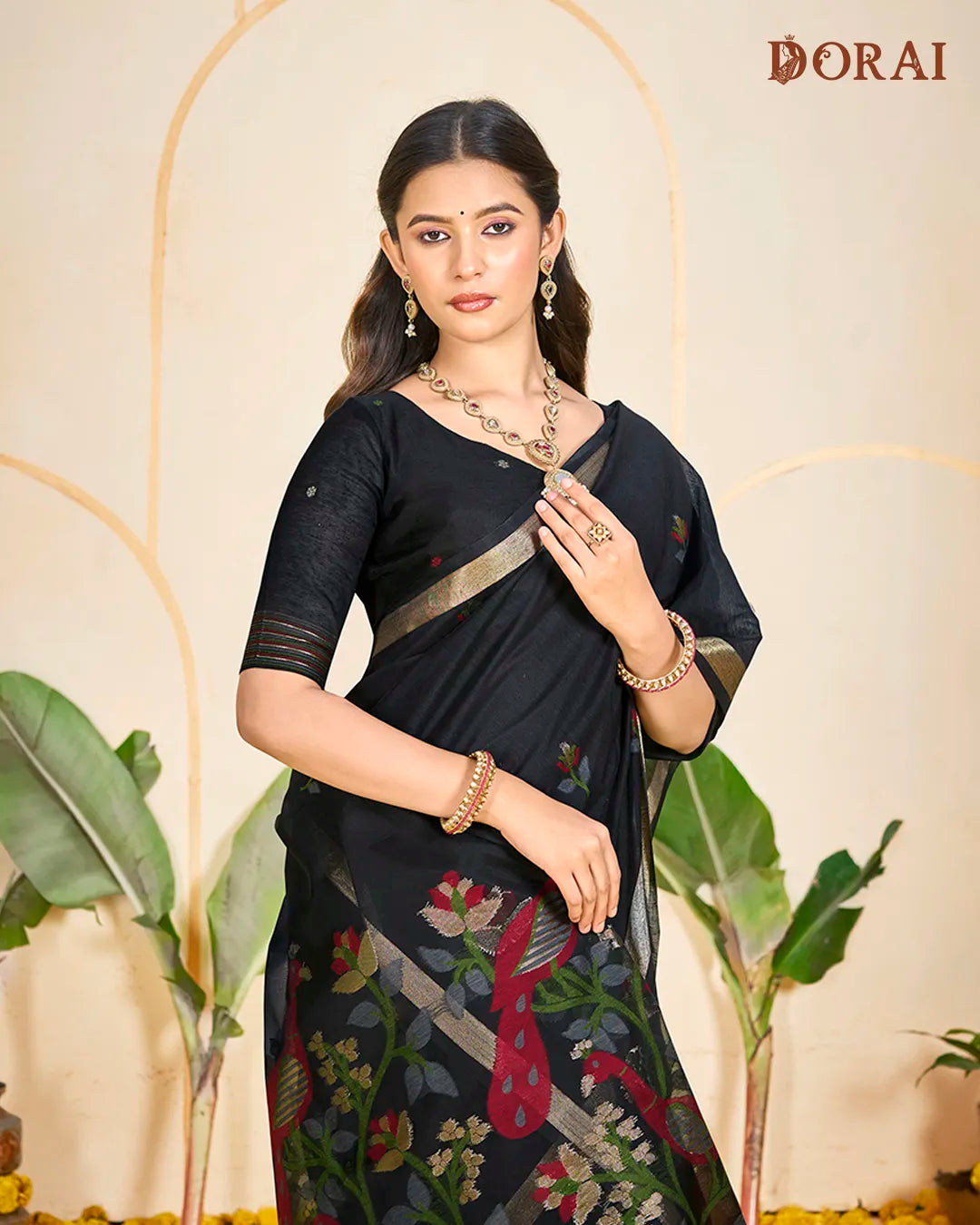Midnight Weaver – Black Muga Cotton Saree with Avian Artistry