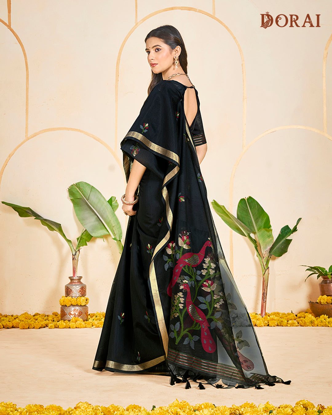 Charcoal Black Jamdani Muga Cotton Saree | Woven Bird Motifs and Oragana Pallu