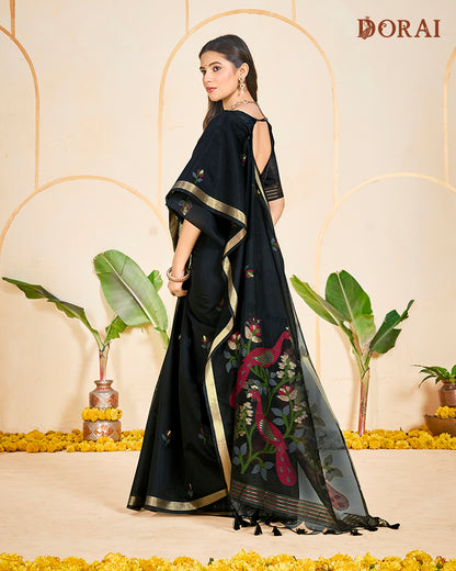 Charcoal Black Jamdani Muga Cotton Saree | Woven Bird Motifs and Oragana Pallu