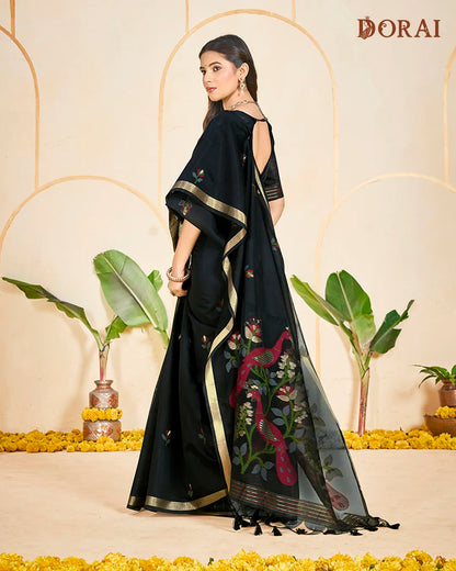 Midnight Weaver – Black Muga Cotton Saree with Avian Artistry