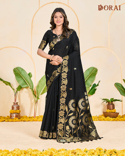Charcoal Black Zari Jute Linen Soft Cotton Saree | Luxurious Woven Gold Motifs