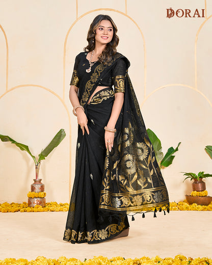 Scarlet Red Zari Jute Linen Cotton Saree | Bright Gold Woven Motifs