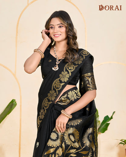 Charcoal Black Zari Jute Linen Soft Cotton Saree | Luxurious Woven Gold Motifs