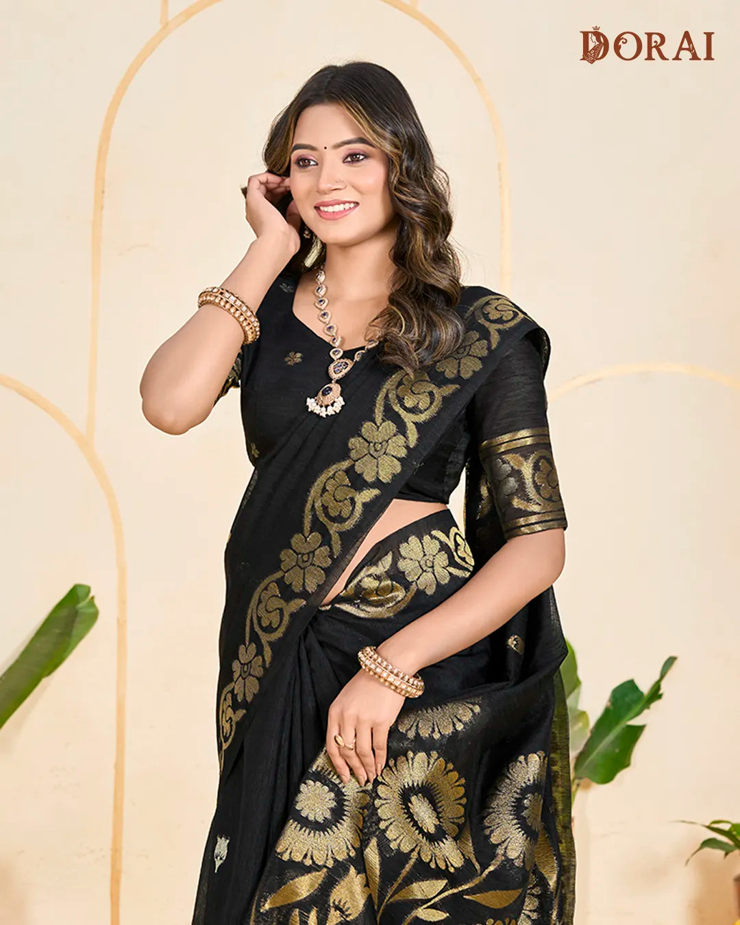 Midnight Radiance – Black Jute Linen Saree with Floral Artistry