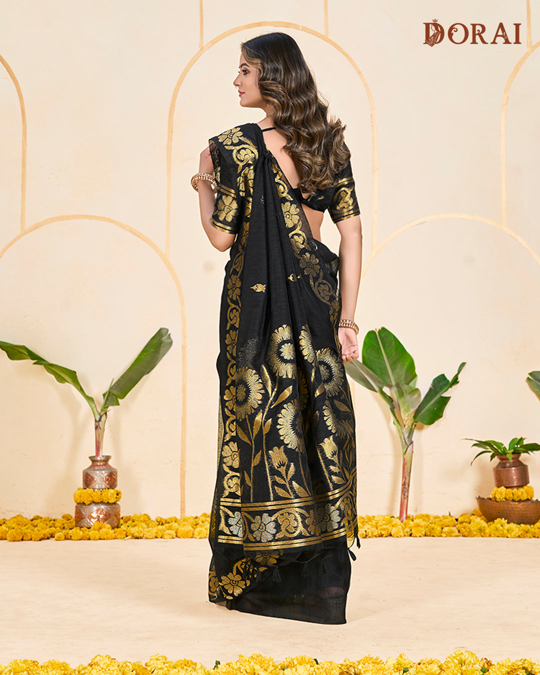 Charcoal Black Zari Jute Linen Soft Cotton Saree | Luxurious Woven Gold Motifs