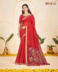 Crimson Dreams – Red Muga Cotton Saree with Organza Elegance
