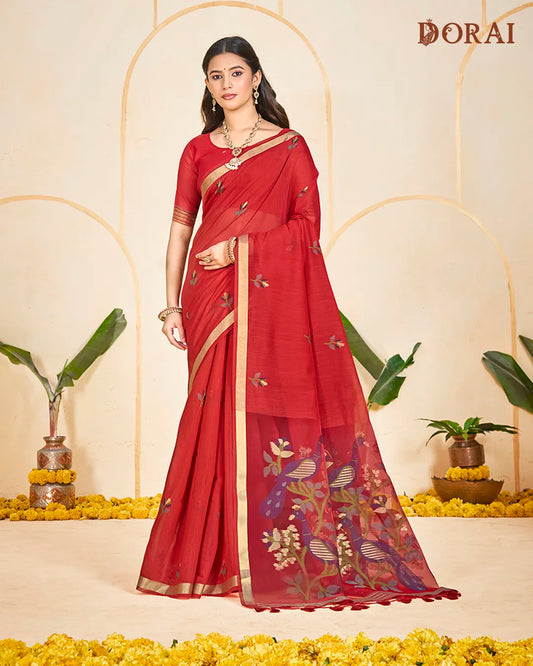 Crimson Dreams – Red Muga Cotton Saree with Organza Elegance