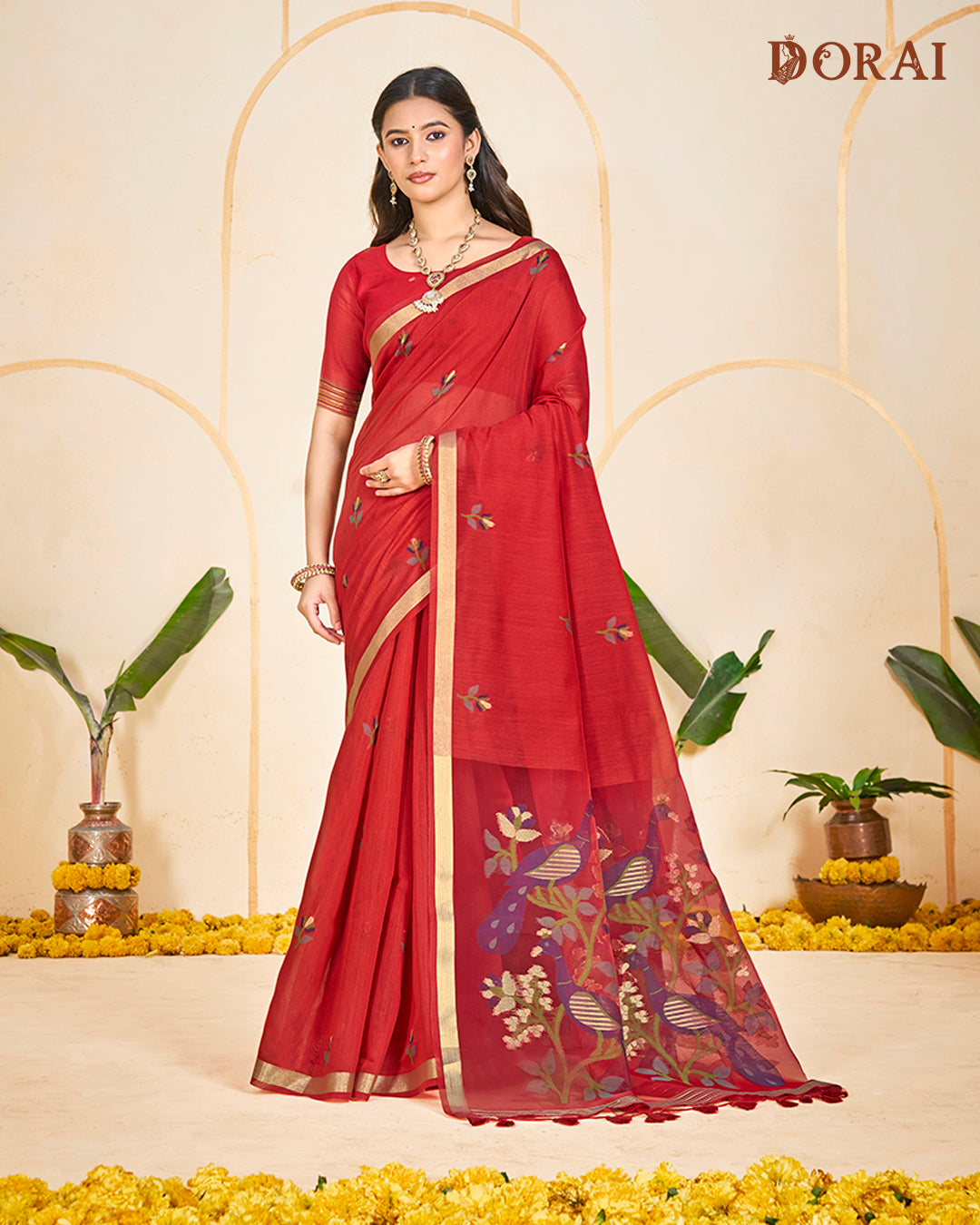 Flame Red Zari Jamdani Muga-cotton Saree | Woven Peacock Motifs and Oragana Pallu