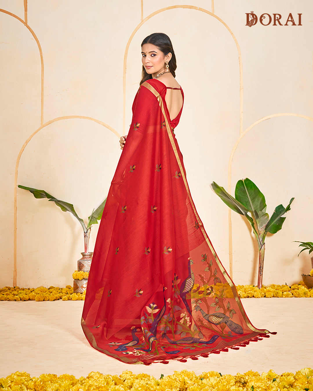 Flame Red Zari Jamdani Muga-cotton Saree | Woven Peacock Motifs and Oragana Pallu