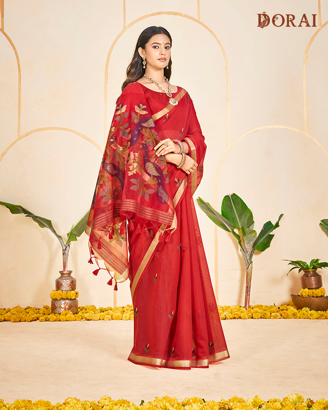 Flame Red Zari Jamdani Muga-cotton Saree | Woven Peacock Motifs and Oragana Pallu
