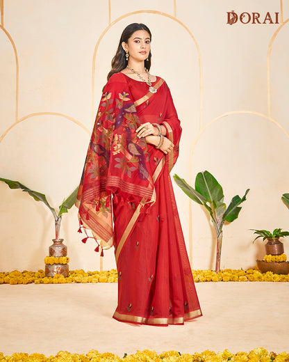 Flame Red Zari Jamdani Muga-cotton Saree | Woven Peacock Motifs and Oragana Pallu