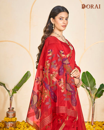 Flame Red Zari Jamdani Muga-cotton Saree | Woven Peacock Motifs and Oragana Pallu