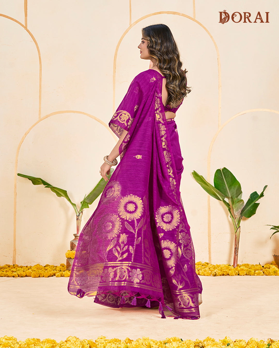 Deep Magenta Zari Jute Linen Soft Cotton Saree | Bold Gold Woven Motifs