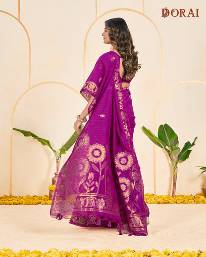 Deep Magenta Zari Jute Linen Soft Cotton Saree | Bold Gold Woven Motifs