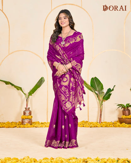 Deep Magenta Zari Jute Linen Soft Cotton Saree | Bold Gold Woven Motifs