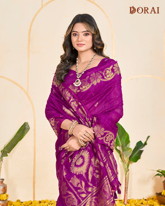 Deep Magenta Zari Jute Linen Soft Cotton Saree | Bold Gold Woven Motifs