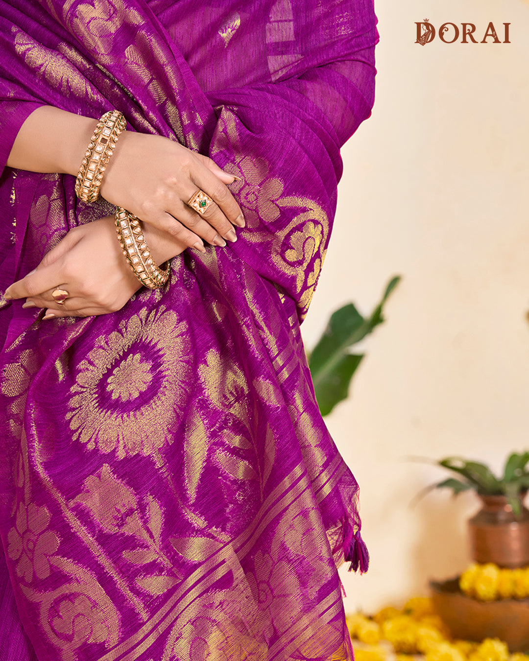 Deep Magenta Zari Jute Linen Soft Cotton Saree | Bold Gold Woven Motifs