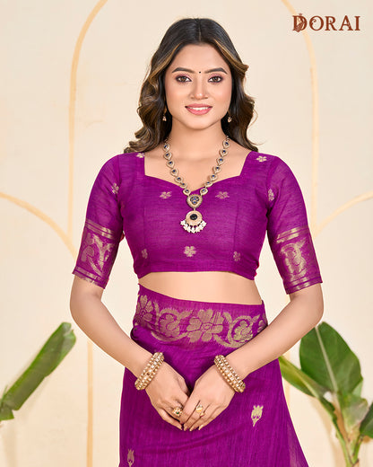 Deep Magenta Zari Jute Linen Soft Cotton Saree | Bold Gold Woven Motifs